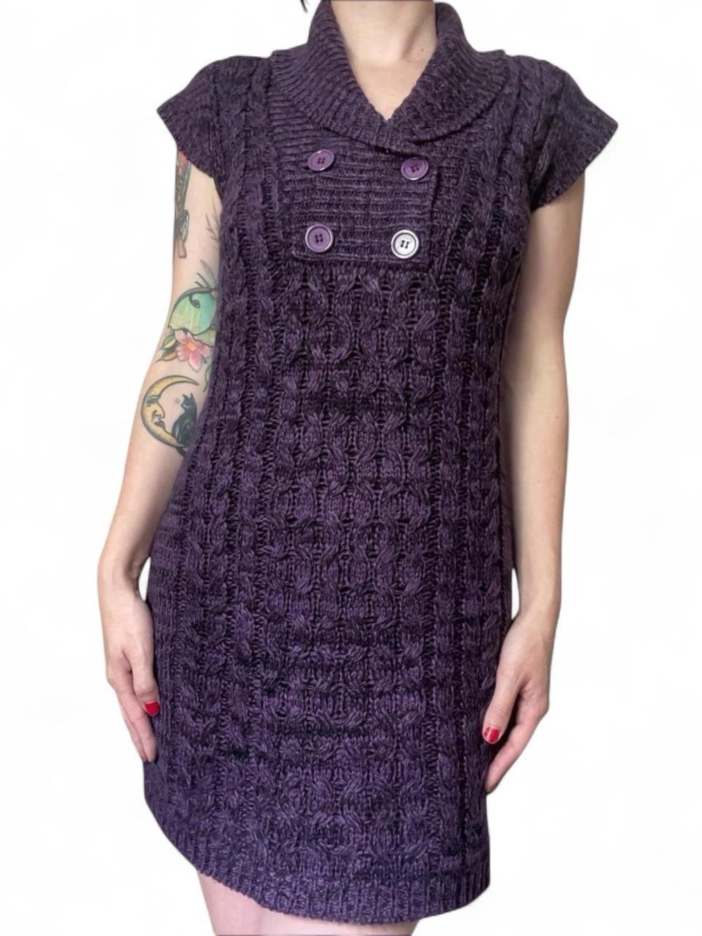 1955 Vintage purple cable knit cap sleeve sweater mini dress